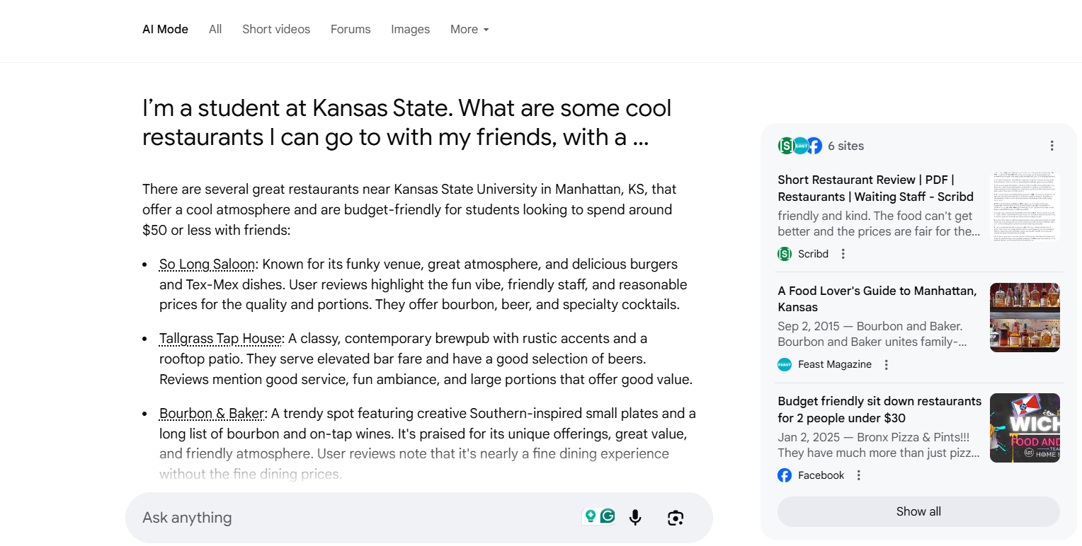 a snapshot of an ai mode response