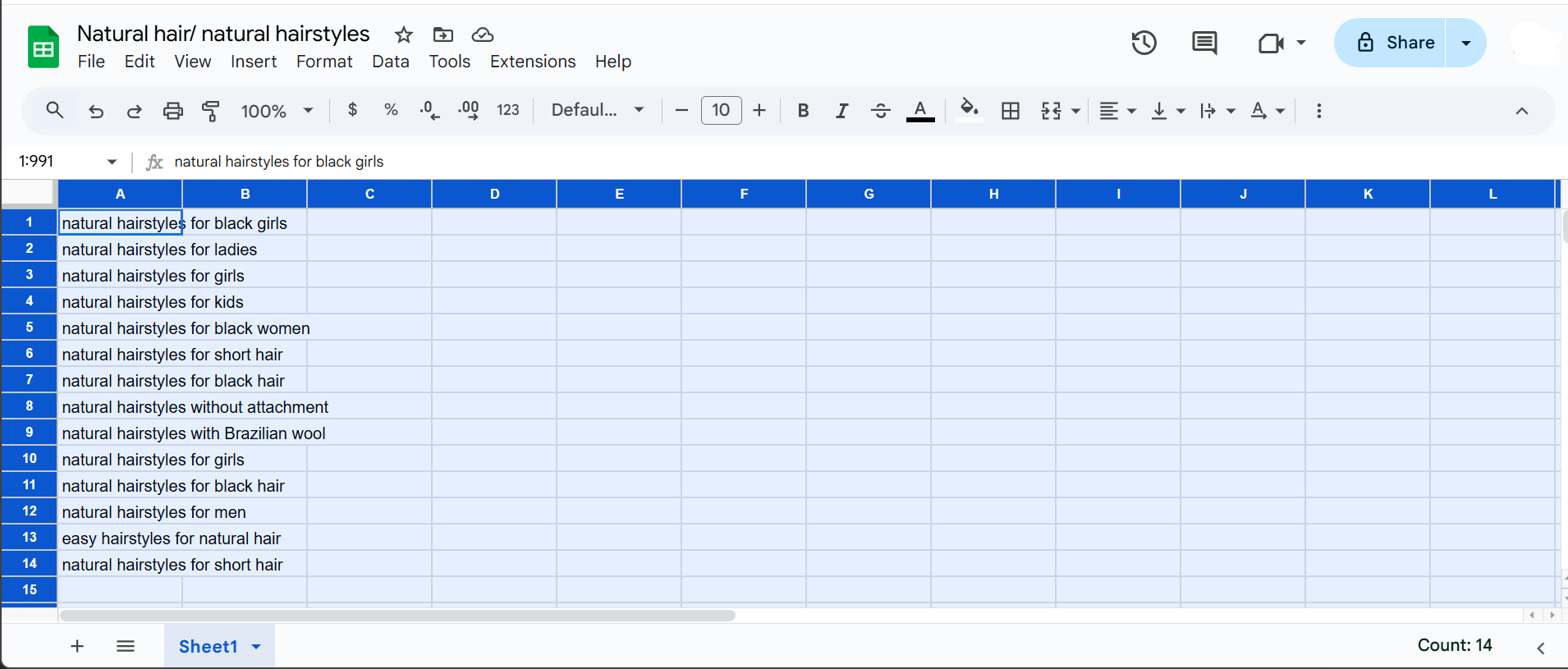 Keyword research in spreadsheet