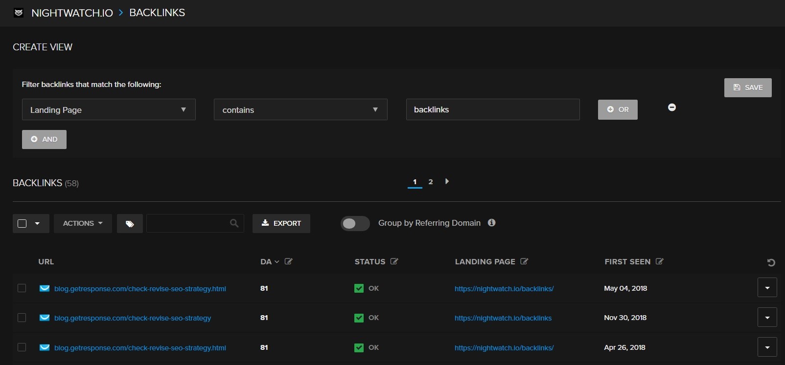 Total number of backlinks on specific segments
